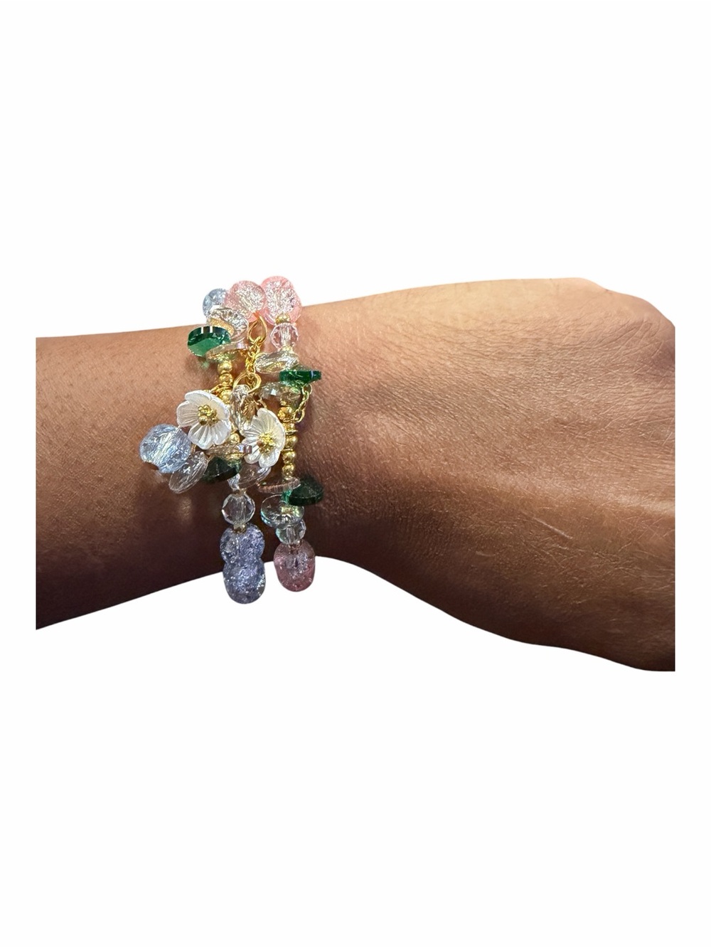 Gold Floral Crystal Stretch Bracelet Set - Pink And Blue